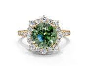 Halo Engagement Ring Setting for Fancy Green Round Cut Center with Single-Row Pave, Open Basket and Prong Head in Yellow Gold