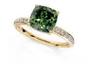 Solitaire Engagement Ring Setting for Fancy Green Cushion Cut Center with Fine Pave Band and Prong Head in Yellow Gold