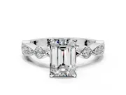 Solitaire Engagement Ring Setting for Emerald Cut Center with Milgrain Bezel Accents and Prong Head in Sterling Silver