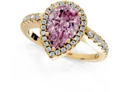 Accent Halo Engagement Ring Setting for Fancy Pink Pear-Shaped Center with Full-Length Pave Band and Prong Head in Yellow Gold