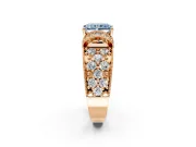 Pave Engagement Ring Setting for Fancy Blue Radiant Cut Center with Curved Accent Rows, Openwork and Prong Head in Rose Gold