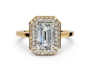 Halo Engagement Ring Setting for Emerald Cut Center with Plain Tapered Band and Prong Head in Yellow Gold