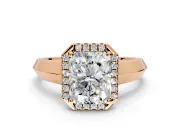 Halo Engagement Ring Setting for Radiant Cut Center with Knife Ridge Cathedral Band and Prong Head in Rose Gold