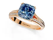 Solitaire Engagement Ring Setting for Fancy Blue Cushion Cut Center with Pave Rail Split Shank and Prong Head in Rose Gold