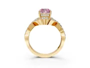 Halo Engagement Ring Setting for Fancy Pink Cushion Cut Center with Pave Infinity Twist Band and Prong Head in Yellow Gold