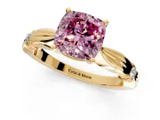 Solitaire Engagement Ring Setting for Fancy Pink Cushion Cut Center with Carved Leaf Shoulders and Prong Head in Yellow Gold