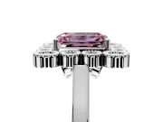 Cluster Halo Engagement Ring Setting for Fancy Pink Emerald Cut Center with Milgrain Bezel Accents and Prong Head in White Gold