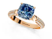 Solitaire Engagement Ring Setting for Fancy Blue Cushion Cut Center with Multi-Row Accents and Prong Head in Rose Gold