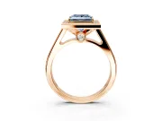 Halo Engagement Ring Setting for Fancy Blue Princess Cut Center with Outer Bezel Rim, Pave Band and Prong Head in Rose Gold