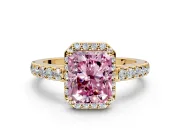 Halo Engagement Ring Setting for Fancy Pink Radiant Cut Center with Full Pave Band and Prong Head in Yellow Gold