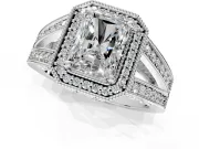 Halo Engagement Ring Setting for Radiant Cut Center with Milgrain Split Shank and Prong Head in Platinum
