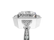 Halo Engagement Ring Setting for Radiant Cut Center with Milgrain Rim, Pave Band and Prong Head in Platinum