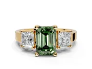 3 Stone Engagement Ring Setting for Fancy Green Emerald Cut Center with Matching Side Accents and Prong Head in Yellow Gold