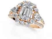 Halo Engagement Ring Setting for Emerald Cut Center with Two-Strand Split Shank and Prong Head in Rose Gold