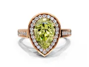 Halo Engagement Ring Setting for Fancy Yellow Pear-Shaped Center with Outer Bezel Rim, Pave Band and Prong Head in Rose Gold