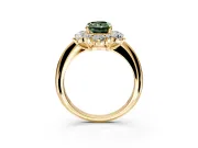 Small-Accent Cluster Halo Engagement Ring Setting for Fancy Green Radiant Cut Center with Plain Band and Prong Head in Yellow Gold