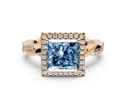 Halo Engagement Ring Setting for Fancy Blue Princess Cut Center with Pave and Plain Twist Band and Prong Head in Rose Gold
