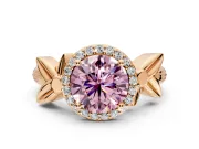 Halo Engagement Ring Setting for Fancy Pink Round Cut Center with Floral Band and Prong Head in Rose Gold