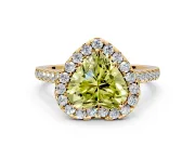 Halo Engagement Ring Setting for Fancy Yellow Heart-Shaped Center with Narrowing Pave Band and Prong Head in Yellow Gold