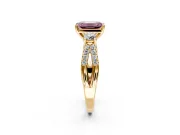 3 Stone Engagement Ring Setting for Fancy Pink Emerald Cut Center with Pave Split Shank and Prong Head in Yellow Gold