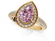 Milgrain Halo Engagement Ring Setting for Fancy Pink Pear-Shaped Center with Three-Sided Pave Band and Prong Head in Yellow Gold