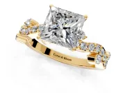 Solitaire Engagement Ring Setting for Princess Cut Center with Bar-Station Pave Twist and Prong Head in Yellow Gold