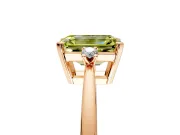 3 Stone Engagement Ring Setting for Fancy Yellow Emerald Cut Center with Low-Set Round Cut Accents and Prong Head in Rose Gold