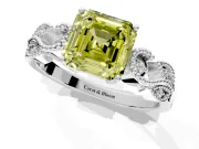 Leaf Engagement Ring Setting for Fancy Yellow Asscher Cut Center with Milgrain Accent Band and Prong Head in Sterling Silver
