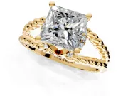 Halo Engagement Ring Setting for Princess Cut Center with Rope Twist Split Shank and Prong Head in Yellow Gold