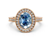 Halo Engagement Ring Setting for Fancy Blue Oval Center with Milgrain Halo, Pave Band and Prong Head in Rose Gold