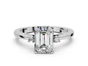 3 Stone Engagement Ring Setting for Emerald Cut Center with Low-Set Round Cut Accents and Prong Head in Sterling Silver