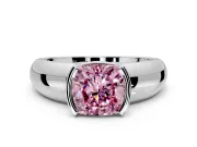 Tension Engagement Ring Setting for Fancy Pink Cushion Cut Center with Wide Flat Band and Tension Head in White Gold
