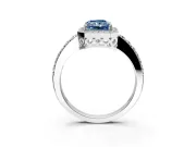 Halo Engagement Ring Setting for Fancy Blue Radiant Cut Center with Heart-Shaped Openwork, Pave Band and Prong Head in White Gold