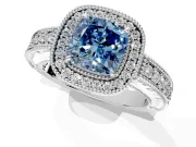 Milgrain Halo Engagement Ring Setting for Fancy Blue Cushion Cut Center with Pave Band and Prong Head in Platinum