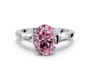 3 Stone Engagement Ring Setting for Fancy Pink Oval Center with Baguette Accents and Prong Head in Platinum