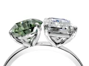 Fancy Green Round Cut and Emerald Cut Lab-Grown Diamond Toi et Moi Engagement Ring with Prong-Set Stones in Sterling Silver