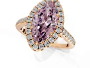 Halo Engagement Ring Setting for Fancy Pink Marquise Center with Raised Halo, Pave Band and Prong Head in Rose Gold
