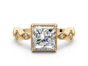 Milgrain Bezel Engagement Ring Setting for Princess Cut Center with Marquise Stations and Bezel Head in Yellow Gold