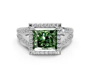 Halo Engagement Ring Setting for Fancy Green Princess Cut Center with Narrow Pave Split Shank and Prong Head in Platinum