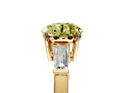 3 Stone Engagement Ring Setting for Fancy Yellow Round Cut Center with Baguette Accents and Prong Head in Yellow Gold