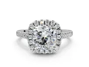 Halo Engagement Ring Setting for Cushion Cut Center with Raised Halo, Pave Band and Prong Head in Platinum