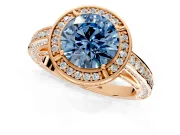 Halo Engagement Ring Setting for Fancy Blue Round Cut Center with Framed Halo, Pave Band and Prong Head in Rose Gold