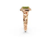 Halo Engagement Ring Setting for Fancy Yellow Emerald Cut Center with Open Scroll Shoulders and Prong Head in Rose Gold