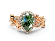 Halo Engagement Ring Setting for Fancy Green Pear-Shaped Center with Leaf Motif Split Shank and Prong Head in Rose Gold