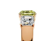 3 Stone Engagement Ring Setting for Fancy Yellow Asscher Cut Center with Raised Basket Heads and Prong Head in Rose Gold