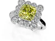 Cluster Halo Engagement Ring Setting for Fancy Yellow Cushion Cut Center with Milgrain Bezel Accents and Prong Head in Platinum