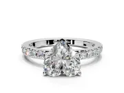 Solitaire Engagement Ring Setting for Heart-Shaped Center with Round Cut Pave Band and Prong Head in Platinum
