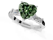 3 Stone Engagement Ring Setting for Fancy Green Heart-Shaped Center with Channel Baguette Accents and Prong Head in Sterling Silver