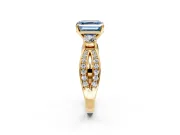 3 Stone Engagement Ring Setting for Fancy Blue Asscher Cut Center with Pave Twist Band and Prong Head in Yellow Gold