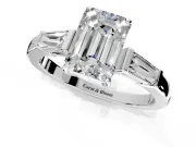 3 Stone Engagement Ring Setting for Emerald Cut Center with Baguette Accents and Prong Head in White Gold